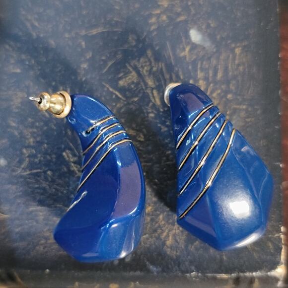 Chic Cobalt Blue Pierced Earrings with Gold Stripes - Picture 8 of 10
